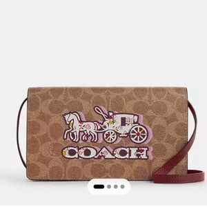 New🤎Coach Anna Foldover Clutch Crossbody Bag In Signature Canvas With Horse And